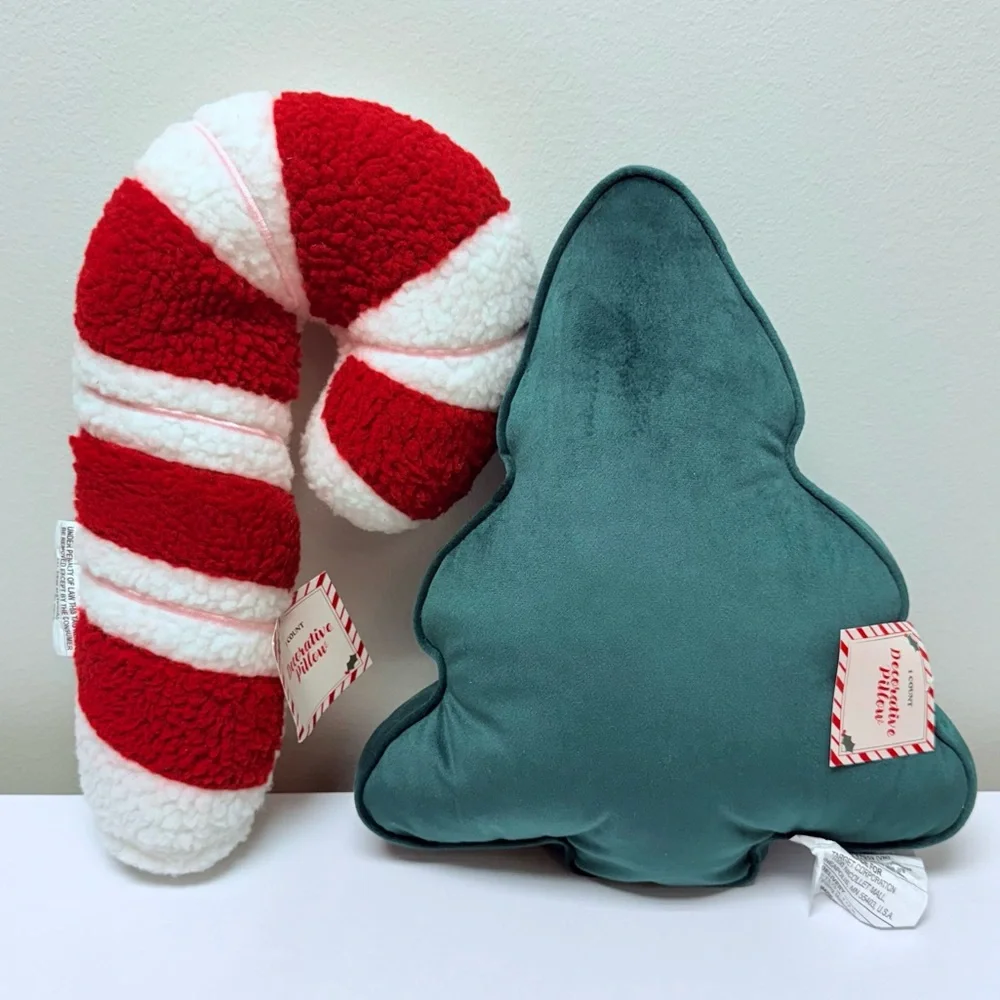 New! Set of 2 Holiday Plush Throw Pillows- Red & White Candy Cane & Green Tree